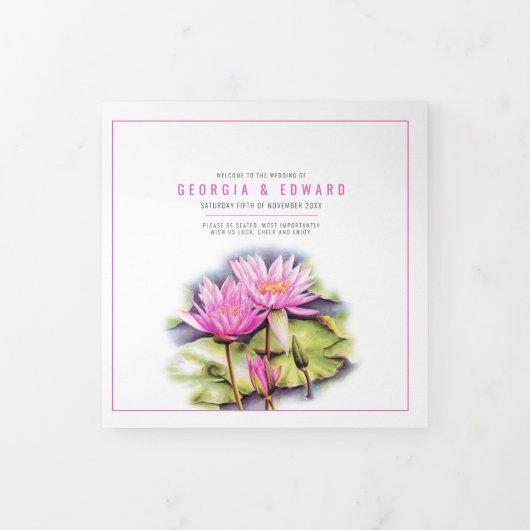 Lotus waterlelie roze bloemen waterverf bruiloft drieluik programma (Cover)