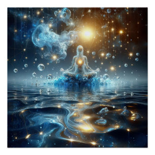 Lotus Yoga positie op zuiver water in een blauw me Perfect Poster