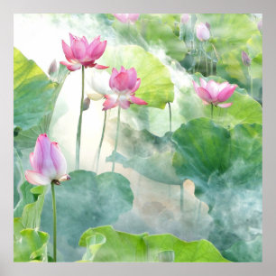 Lotus zomer, pastelroze waterplant poster