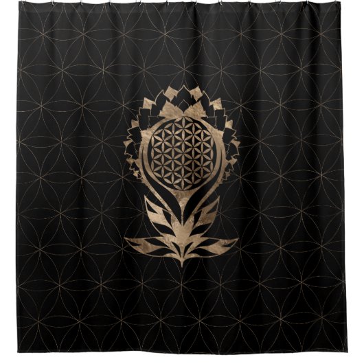 Lotus - zwart en goud douchegordijn (Voorkant)