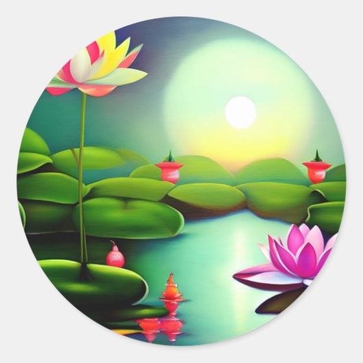 Lotusbloem in een vijver ronde sticker (Voorkant)