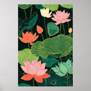 Lotusbloem Kunstprint Moderne Linoleumsnede Botani Poster