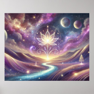Lotusbloem met kosmische hemel en stromende rivier poster