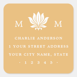 Lotusbloem & Monogram mosterd retouradres Vierkante Sticker