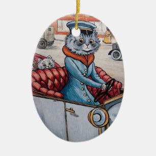 Louis Wain Cat Chaffeur Kerstmis Keramisch Ornament
