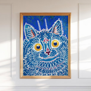 Louis Wain Psychedelic Blue Cat Painting  Poster