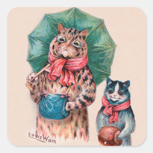 Louis Wain's kat en kitten met paraplu's Vierkante Sticker (Voorkant)