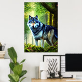 loup dans la forêt verte | AI Art Poster (Bureau à domicile)
