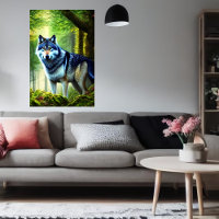 loup dans la forêt verte | AI Art Poster