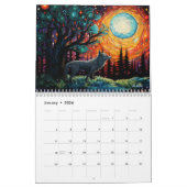 loup de la forêt de vitrail avec calendrier lunair (Jan 2026)
