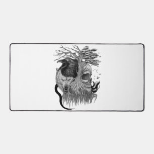 Loup et corbeau avec crâne