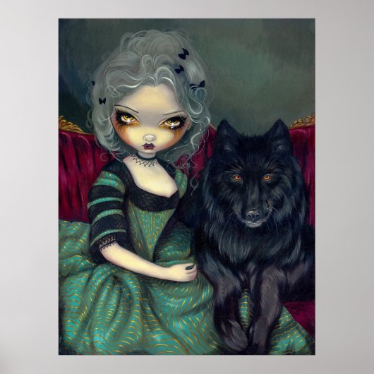 Loup-Garou: Noir zwarte wolf gothic rococo Print (Voorkant)