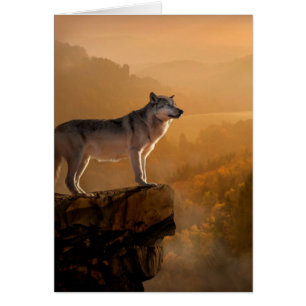 Loup gris debout sur un rocher dans la forêt