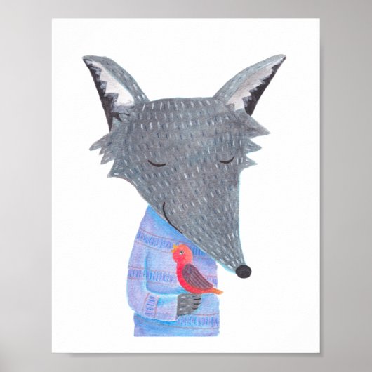 Loup gris Oiseau rouge Bois d'illustration Poster (Devant)