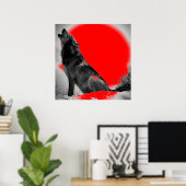 Loup hurlant à la lune Affiche Pop Art Rouge (Bureau à domicile)