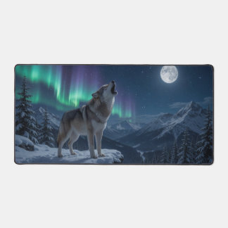 Loup hurlant avec pleine lune, lumières du Nord