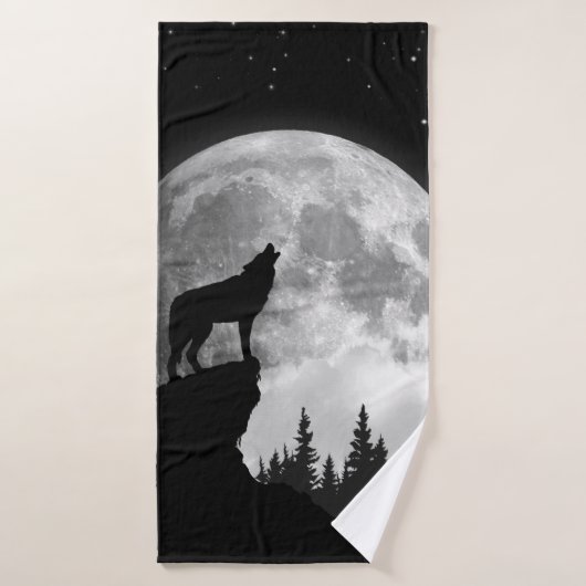 Loup noir et blanc hurlant sur la lune (Serviette de bain)