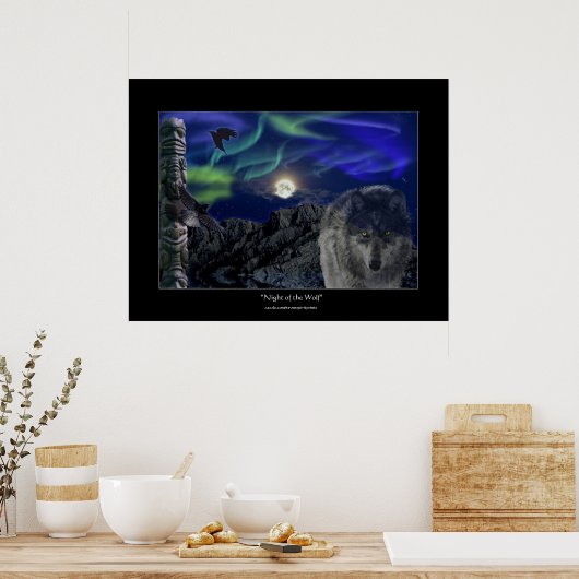 Loup, Ravens, Totem Pole & Aurora Poster d'Art (Cuisine)