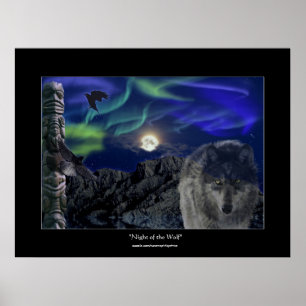 Loup, Ravens, Totem Pole & Aurora Poster d'Art