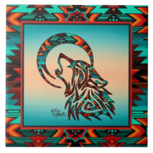 Loup Tribal hurlant Sur La Carreaux De Céramique L