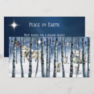 Loups en forêt d'hiver avec carte de Noël étoilée