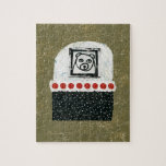 L'Ours Est Fatigué Puzzle<br><div class="desc">Ours noir et blanc amusant dessinant sur des formes audacieuses abstraites avec de grands points rouges,  un élément rayé blanc sur le dessus et des points noirs et blancs en dessous,  le tout sur un arrière - plan doré brunâtre.</div>