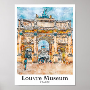 Louvre Museum Frankrijk Waterverf Hand getekend Poster