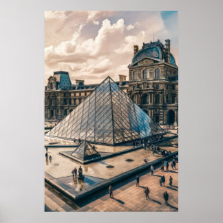 Louvre Museum in de avond olieverfschilderij Poster