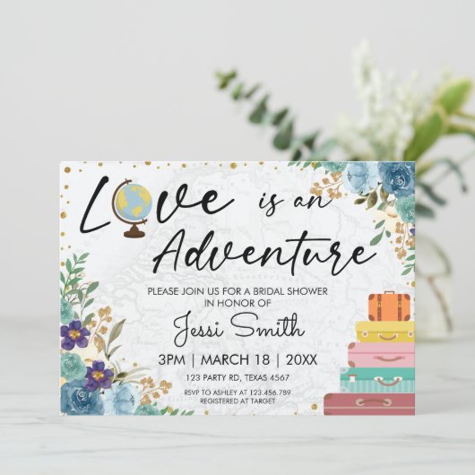 Love Adventure Suitcase Blue Floral Vrijgezellenfe Kaart (Staand voorkant)