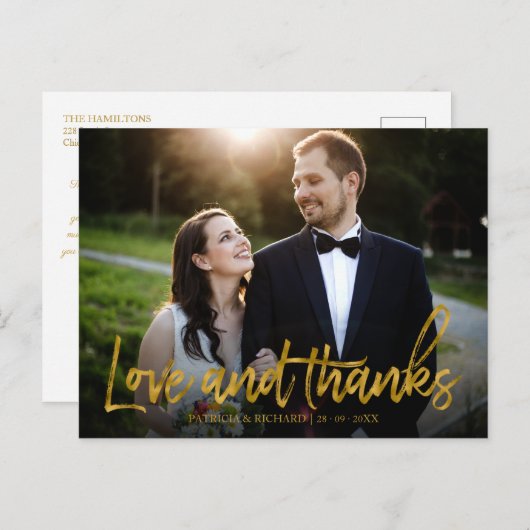Love and Bedankt Gold Foil Weddenschap Bedankt Fot Briefkaart (Voorkant / Achterkant)