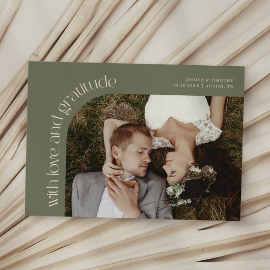 Love and Gratitude Sage Green Wedding Photo Bedankkaart