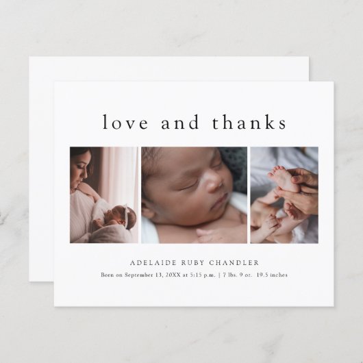 Love and Thanks 3 Photo New Baby Carte de remercie (Devant / Derrière)