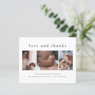 Love and Thanks 3 Photo New Baby Carte de remercie