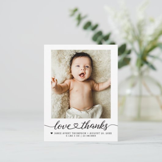 Love and Thanks heart script Photo Birth stars Briefkaart (Staand voorkant)