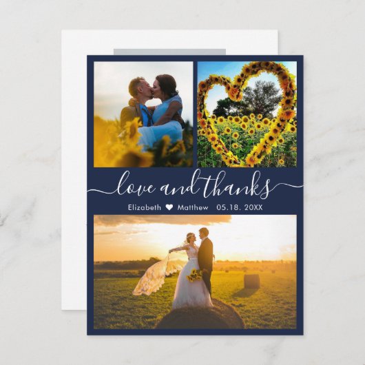Love and Thanks Script Navy Mariage Photo Merci (Devant / Derrière)