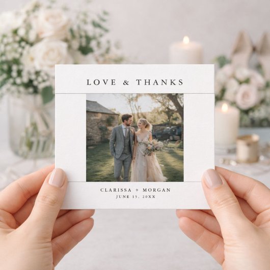 Love and Thanks Simple Modern Rustic Wedding Photo Bedankkaart