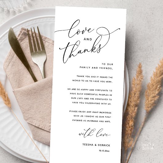 Love and Thanks, Wedding Dinner Thank You Card Programma