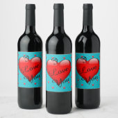 Love Aqua and Red Heart Romantic Wijn Etiket (Flessen)