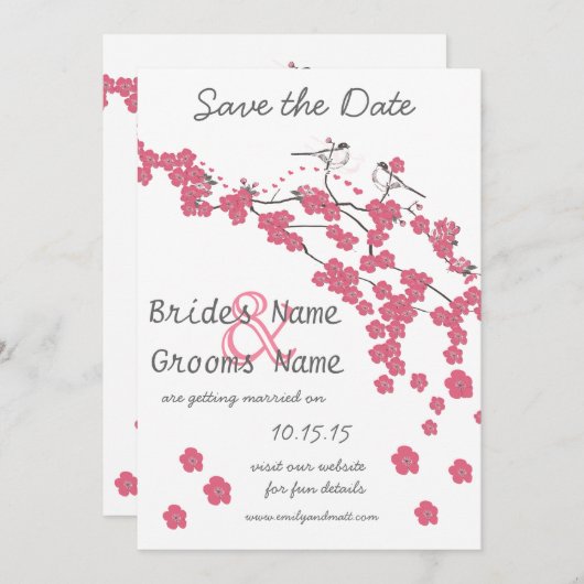 Love Bird Cherry Blossom Save the Date Kaart (Voorkant / Achterkant)