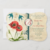Love Bird Red Blauwgroen Lace Damask Poppy Wedding Kaart (Voorkant)