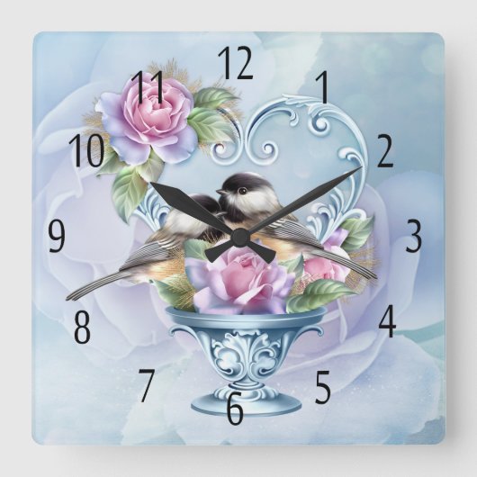 Love Birds And Roses Wall Clock Vierkante Klok (Voorkant)
