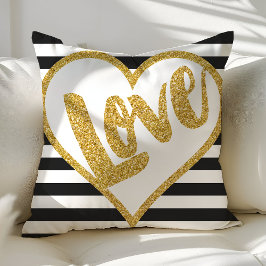 Love Black & White Gold Glitter Stripes Kussen