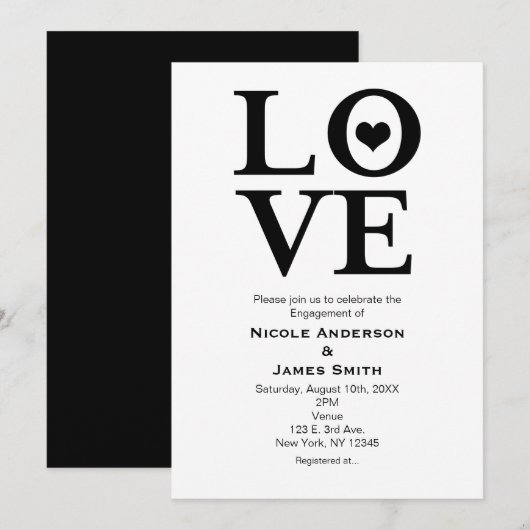 LOVE Black & White Wedding Verloving Uitnodigingen (Voorkant / Achterkant)