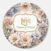 LOVE  Bloemtypografie Roze Blauw en Goud Ronde Sticker (Voorkant)