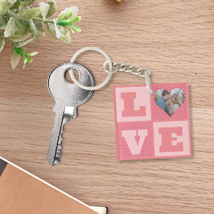 Love Couple Photo Pink Hearts Pattern Valentijns Sleutelhanger