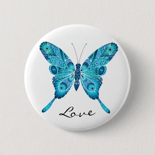 Love Cute Blue Butterfly White Round Button (Voorkant)