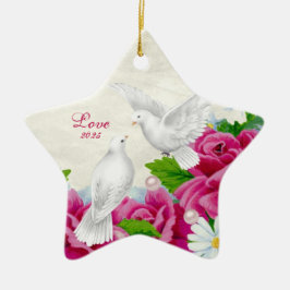 Love Doves + Flowers - Heart-vormige siervissen Keramisch Ornament