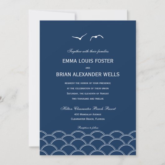 Love Doves Wedding Invitations - Navy Kaart (Voorkant)