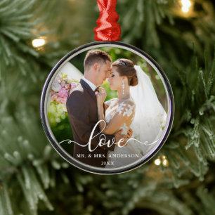 Love Elegant Script Mr en Mrs Wedding Photo Metalen Ornament