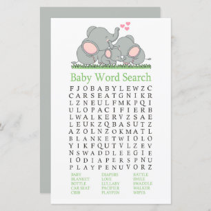 Love Elephants Baby shower Word Search Game